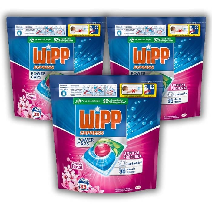 Wipp Express Power Caps Detergente floral em cápsulas, limpeza profunda, eficaz em água fria, 33 cápsulas x 3