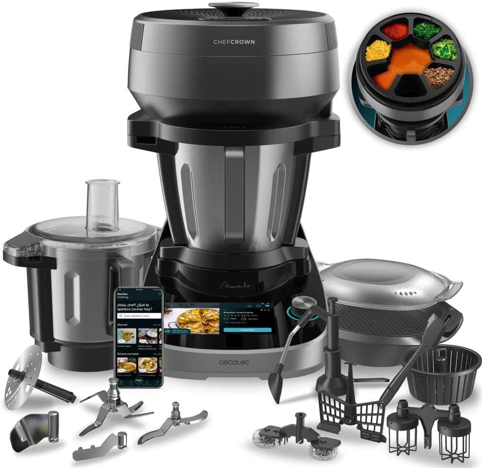 Cecotec Robô de cozinha multifuncional com dispensador de alimentos Mambo CooKing Total Gourmet. 2200 W, 45 funções, milhares de receitas guiadas, jarro único de 4,5 l e jarra vitoriana de 5 l,