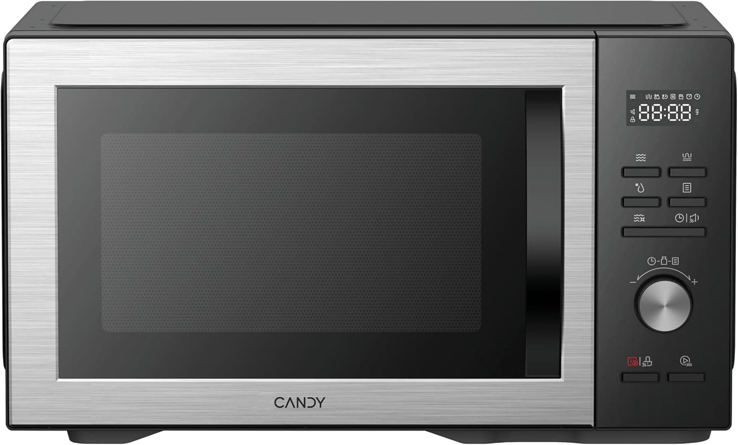 Candy Essenza Microondas com brilho, 31 l, 1000 W-1500 W, 5 níveis de potência, auto-limpeza, auto-menus, alerta acústico de conclusão, Grill Rack, descongelação, abertura esquerda, preto e inoxidável