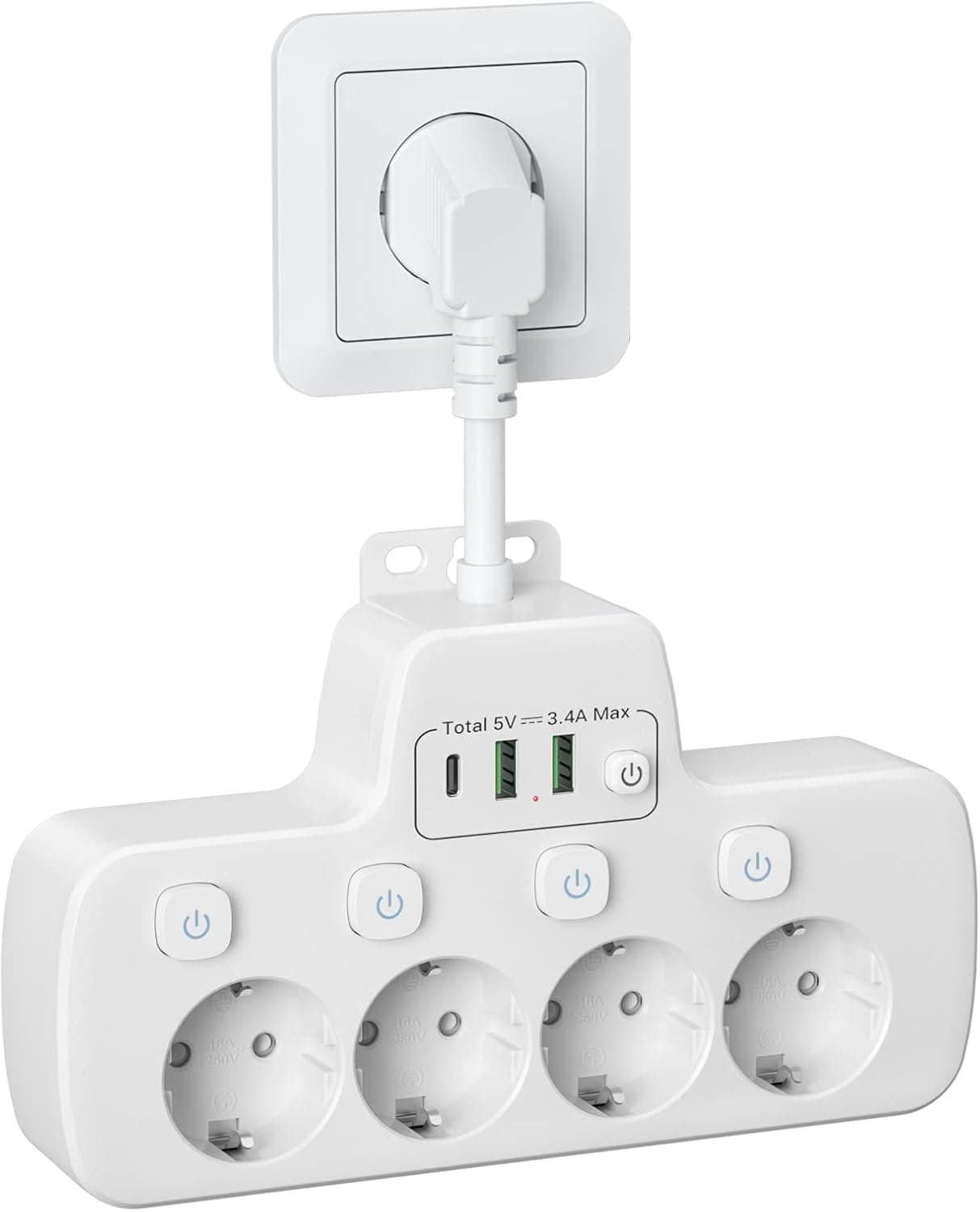Extensões de tomadas com interruptor, latão tomadas USB C adaptador tomada múltipla com 4 tomadas e 3 carregamento rápido USB, 4 interruptor independente extensão tomada parede 0,1 m cabo curto,
