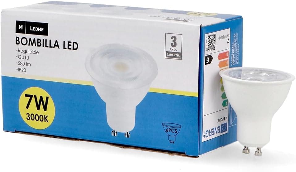 M Ledme - Pack de 6, lâmpada LED Gu10 Smd Plus 7W, luz regulável, luz neutra (4000k), casquilho Gu10, 580 lúmen, IP20, abertura do feixe de luz de 60°, eficiência energética e baixo consumo. LM7618