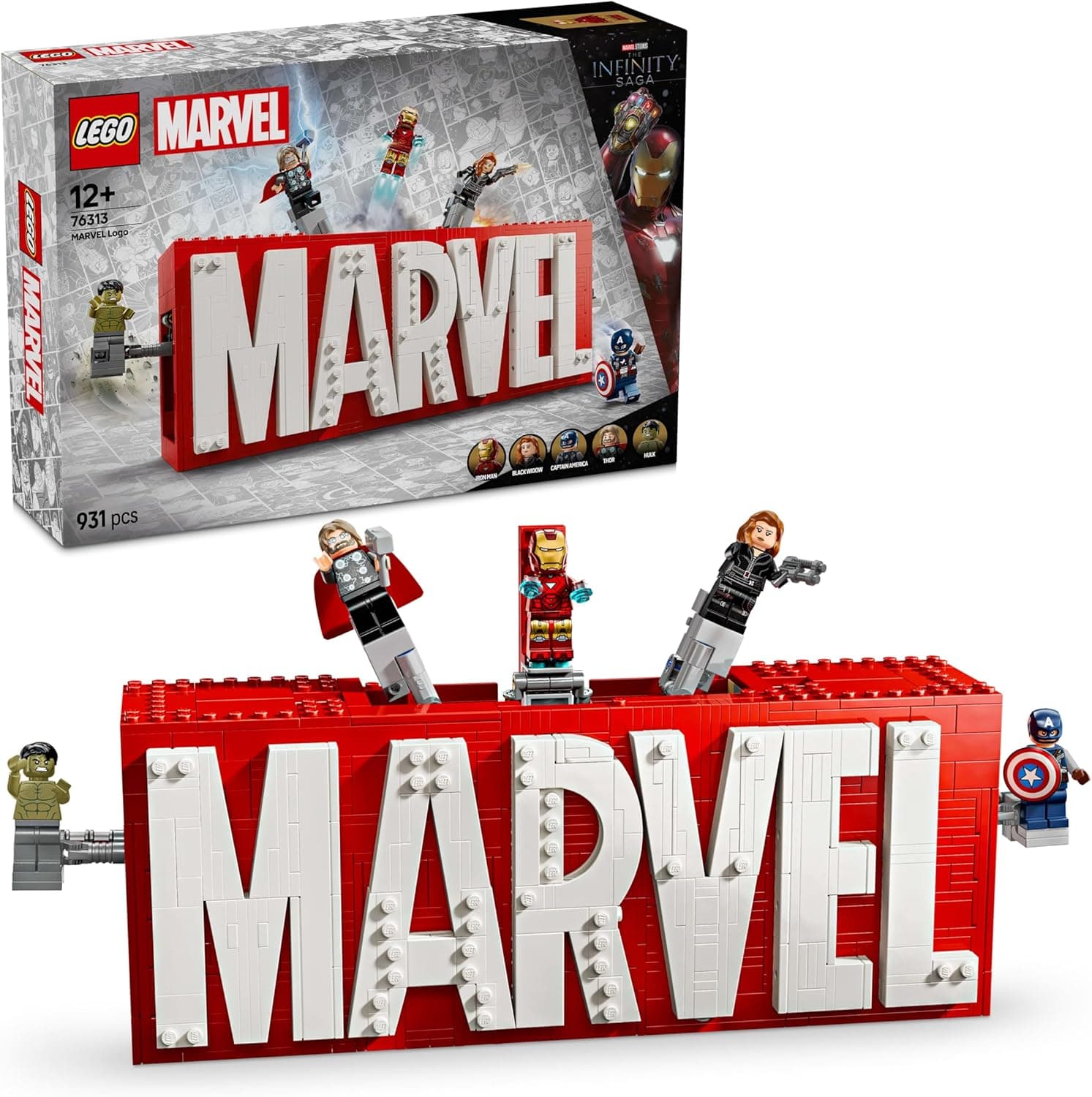 LEGO Marvel: Logótipo MARVEL e minifiguras de Vingadores capitão América, Hulk, Thor, Iron-Man e Viúva Negra, Maquete 3D de decoração, brinquedo de super-heróis para meninos e meninas de 12 anos ou