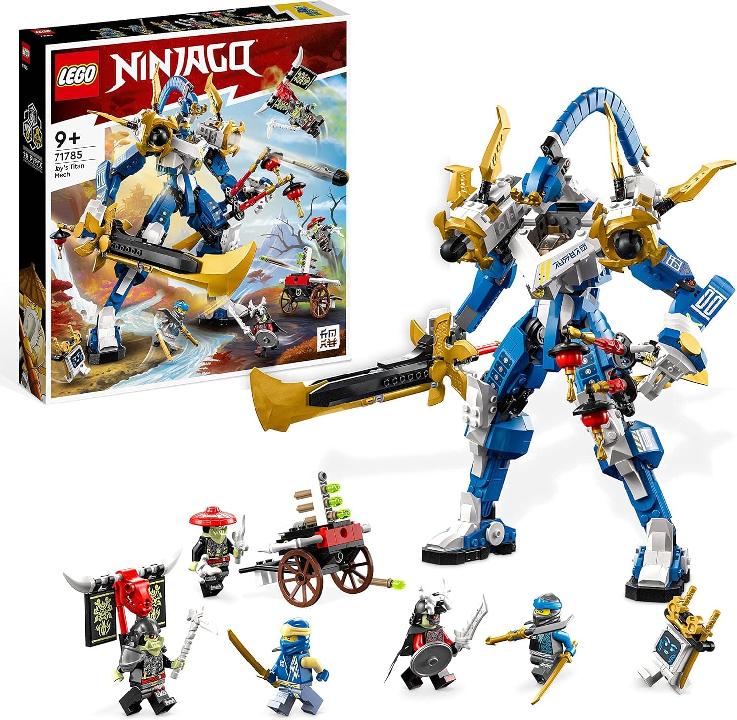 LEGO Ninjago Meca Titã de Jay, figura de ação grande, jogo de ação e batalha para crianças pequenas com 5 mini figuras e espada de brinquedo, conjunto 2023 71785