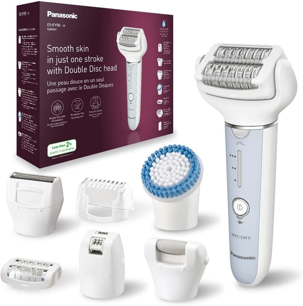 Panasonic ES-EY90-A503 Molhado e seco depiladora, disco duplo com 60 pinças, flexível 90º cabeça pivotante, ajuste de 3 velocidades, luz LED, operação de 30 min, cabeça para cuidados com os pés
