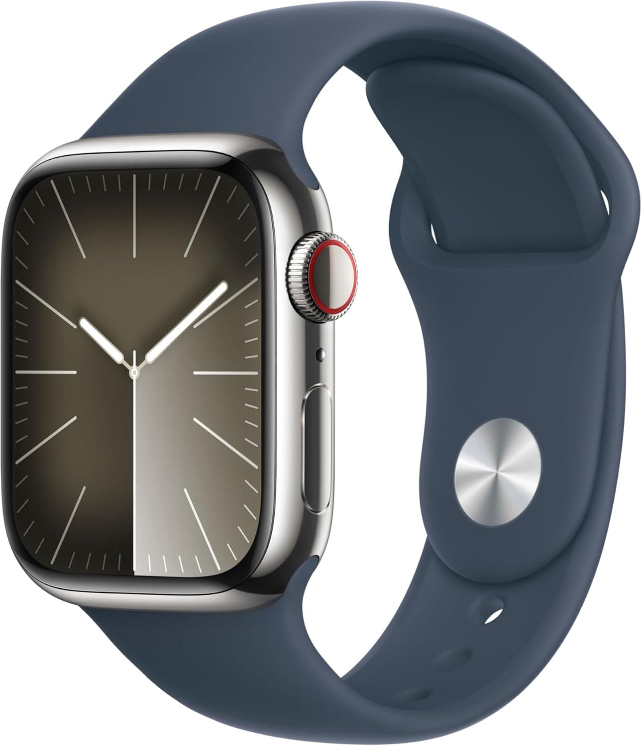 Apple Watch Series 9 (GPS Cellular) - Caixa de aço inoxidável em prata de 41 mm - correia desportiva azul tempestade - tamanho M/L