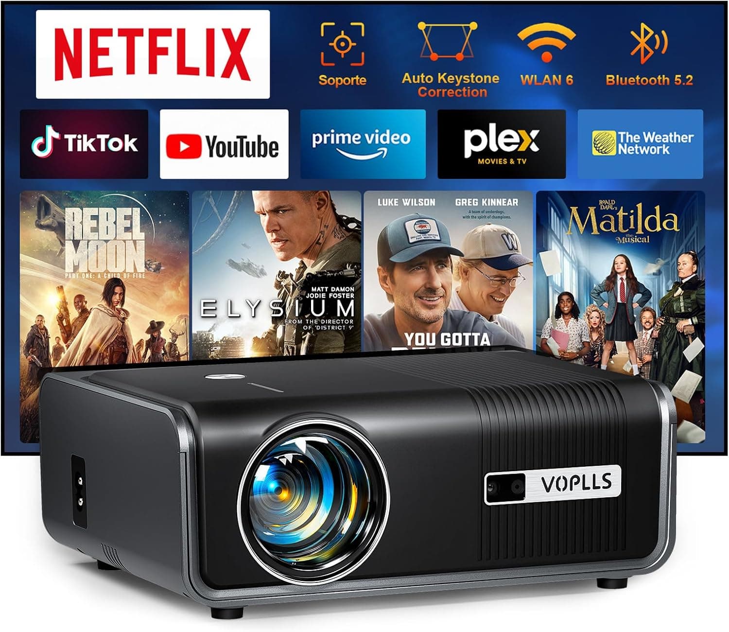Projetor inteligente com Built-in Apps & Auto Focus/Keystone, 23000 Lumen projetor WiFi Bluetooth Full HD 1080P, VOPLLS projetor cinema em casa com zoom de 50% para iOS/Android/PPT