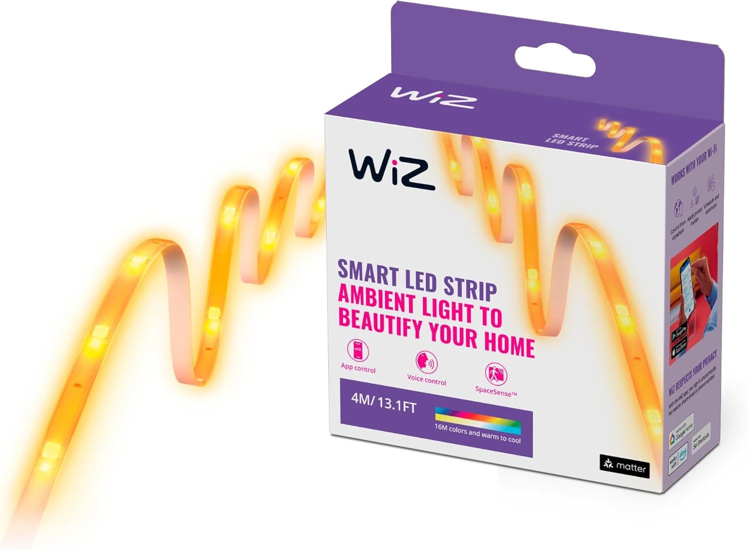 WiZ - Tira LED inteligente 4 m, RGB luz branca e 16 milhões de cores, conecte-a via Wi-Fi e Bluetooth, inclui alimentador, com tecnologia SpaceSense e compatível com Alexa e Google Home