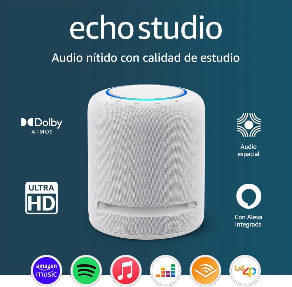 EcoStudio | Coluna inteligente Wi-Fi e Bluetooth com melhor som, com áudio espacial, Dolby Atmos, Alexa e controlador doméstico digital | Branco