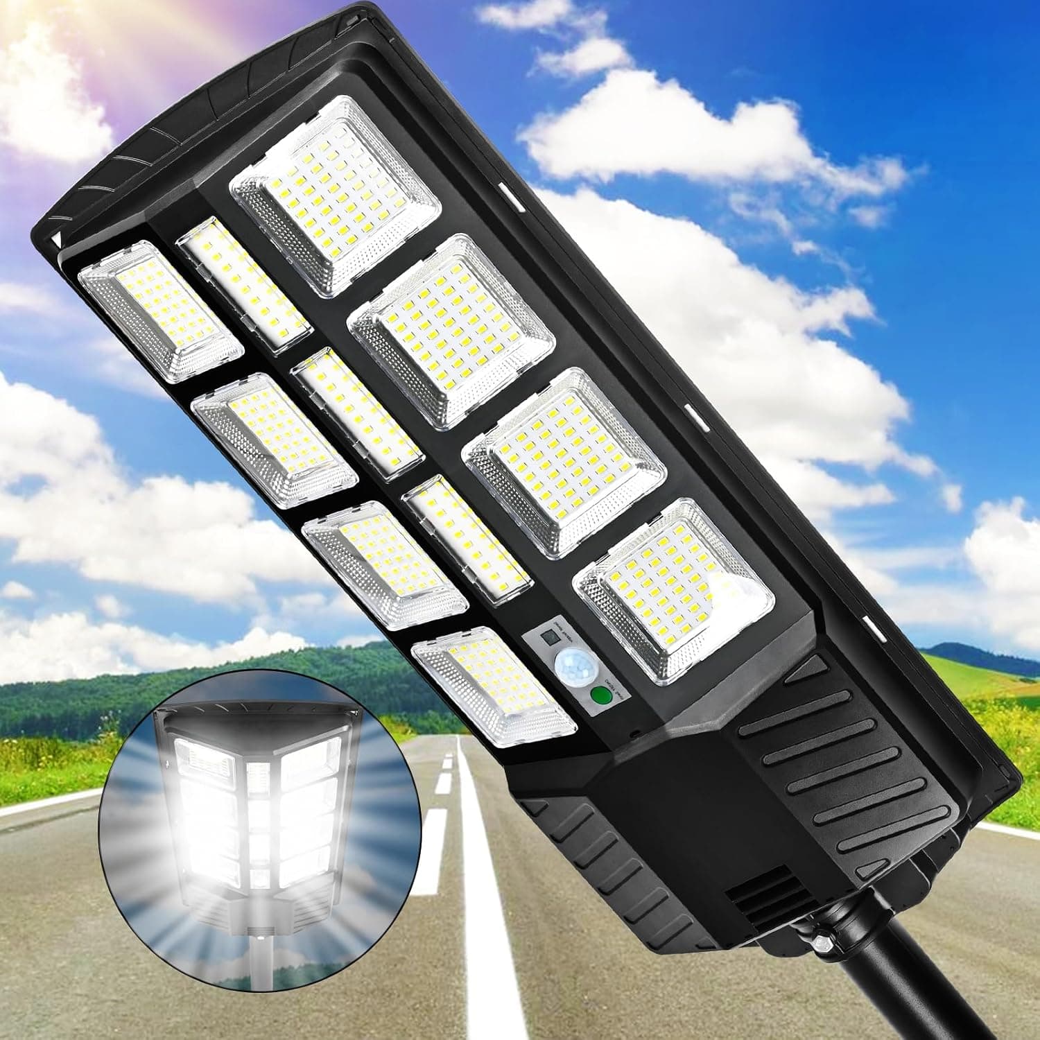 Wstan 800 W Lâmpada solar exterior, luzes solares, branco frio, 6500 k, grande ângulo de 240 °, holofotes solares para potentes, luz solar exterior, impermeável proteção IP65