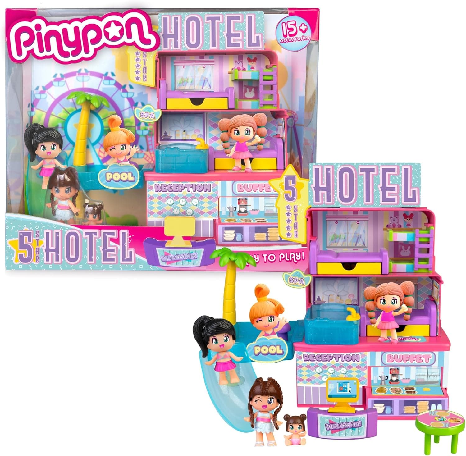 Pinypon - Hotel de 5 estrelas, Playset de hotel com 2 figuras, acessórios de hotel incluídos, hotel composto por uma recepção, bufete, quarto familiar e suíte, crianças +4 anos, famosa (PNY74000)