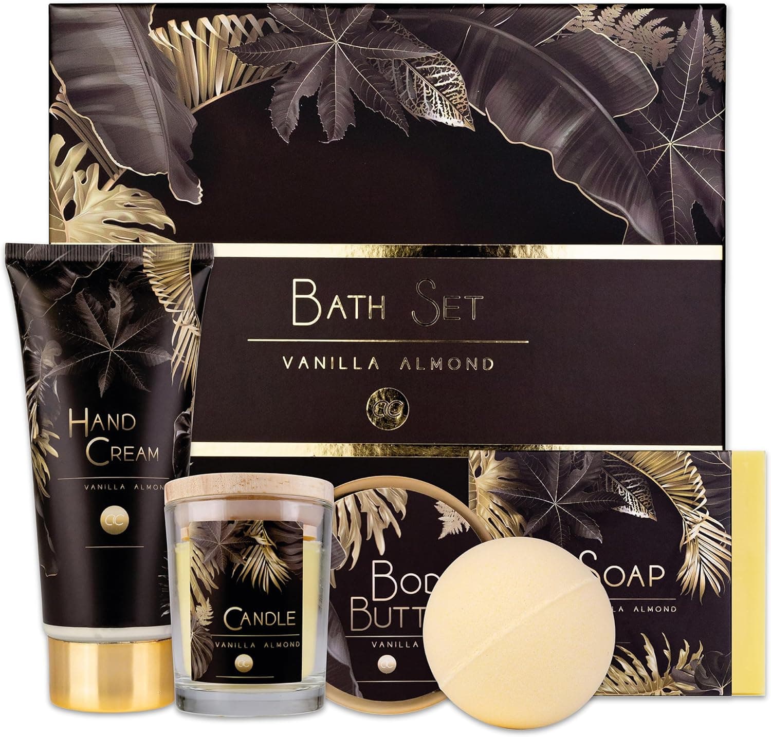 accentra - Conjunto de presente para mulher de luxo de 5 peças: conjunto de presente de casa de banho com vela perfumada, sabão, creme de mãos, manteiga corporal e bomba de banho