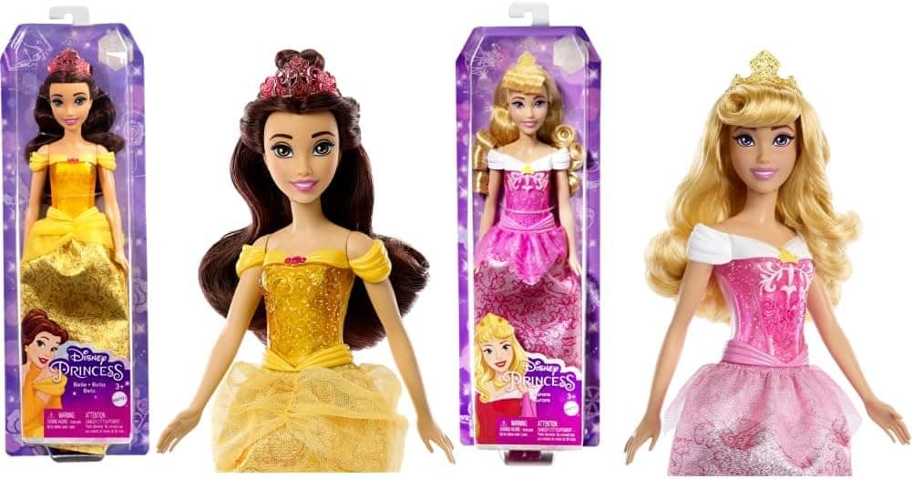 Disney Princess Bela boneca princesa filme A Bela e a Fera, brinquedo + 3 anos (Mattel HLW11) & Princess Aurora boneca princesa filme a bela adormecida, brinquedo + 3 anos (Mattel HLW09)