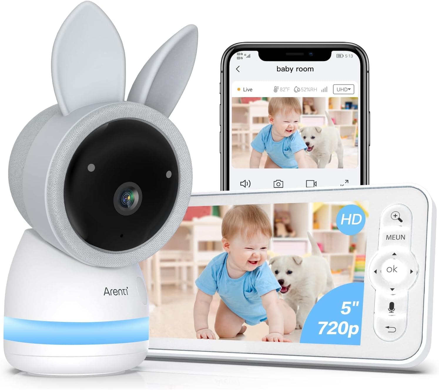 ARENTI 2 K/3 MP Câmara de vigilância para bebé com ecrã LCD, PTZ 355 ° monitor de bebé, sensor de temperatura, monitorização de movimento, visão noturna, áudio bidirecional, com App móvel