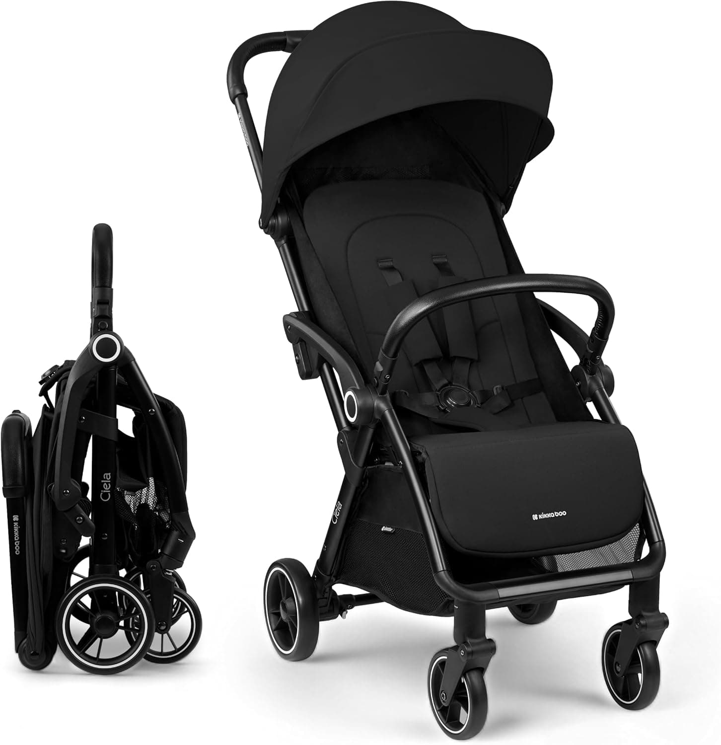 KikkaBoo Cadeira de passeio céu, carrinho de bebé até 22 kg, dobrável automático, posição reclinada, super leve, compacto, tamanho da cabine, preto
