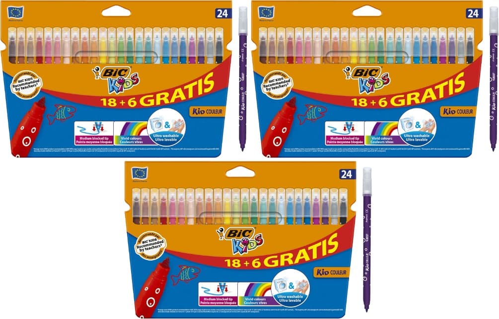 BIC Kids Kid Couleur | Conjunto de 24 marcadores laváveis de cores vivas para crianças