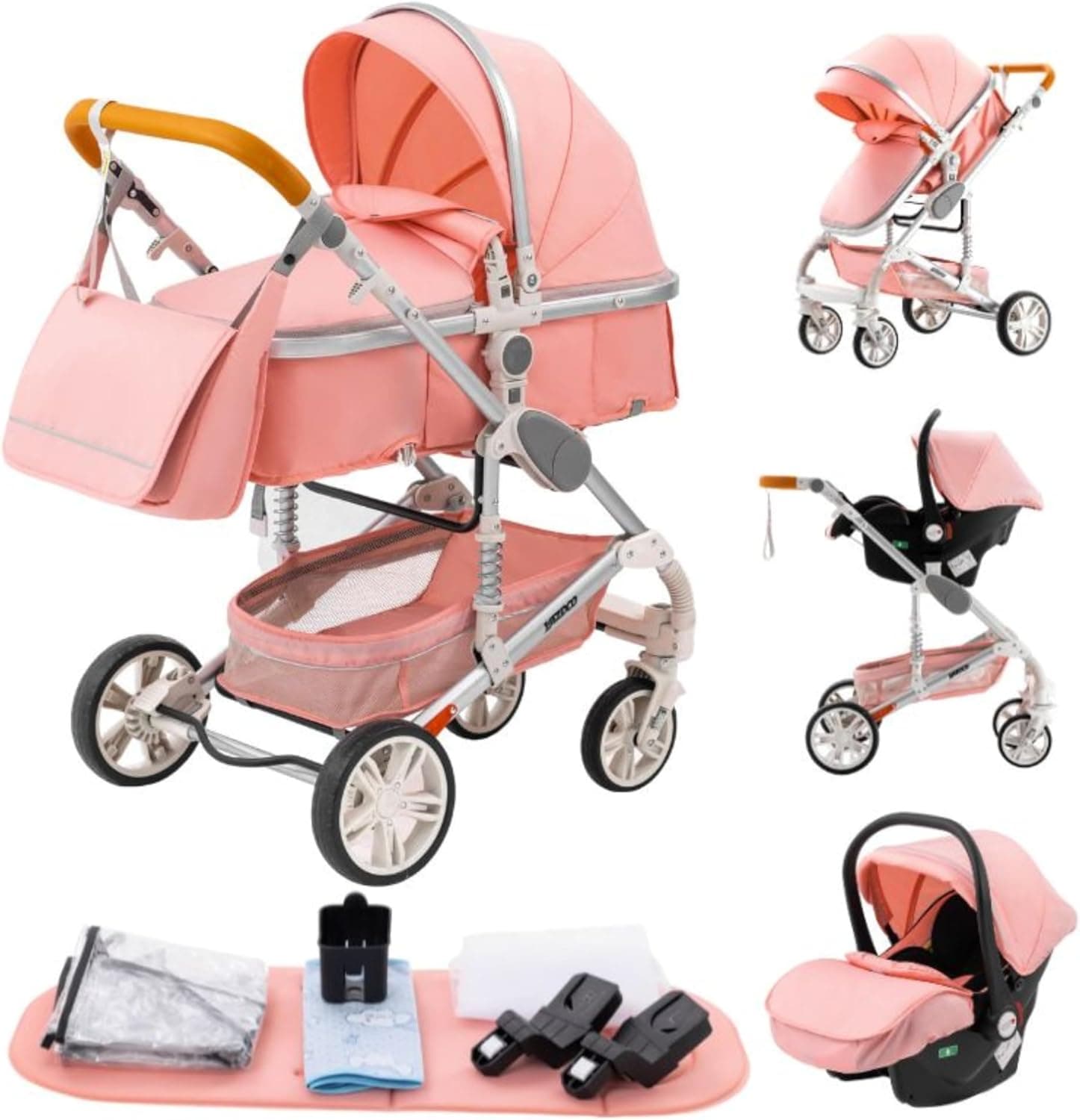 GLOKID Carrinho de bebé 3 em 1, carrinho, carrinho de bebé de 3 peças, cadeira de passeio, sistema de viagem, dobrável, pneus de borracha, com acessórios, gondola, adaptadores, 25 kg (739 rosa)