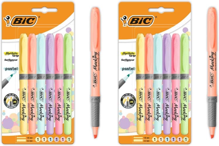 BIC Highlighter Grip Pastel | Marcadores fluorescentes com ponta chanfrada ajustável em cores suaves, pack de 6 unidades x 2