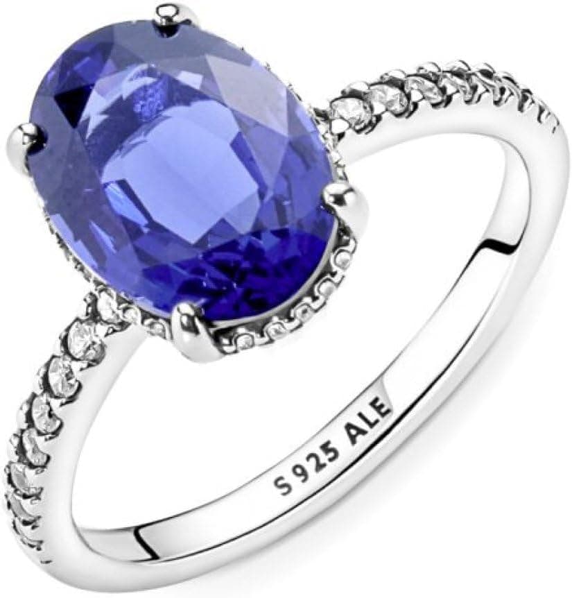 Pandora Timeless Sterling silver statement halo ring with princess blue crystal and clear cubic zirconia