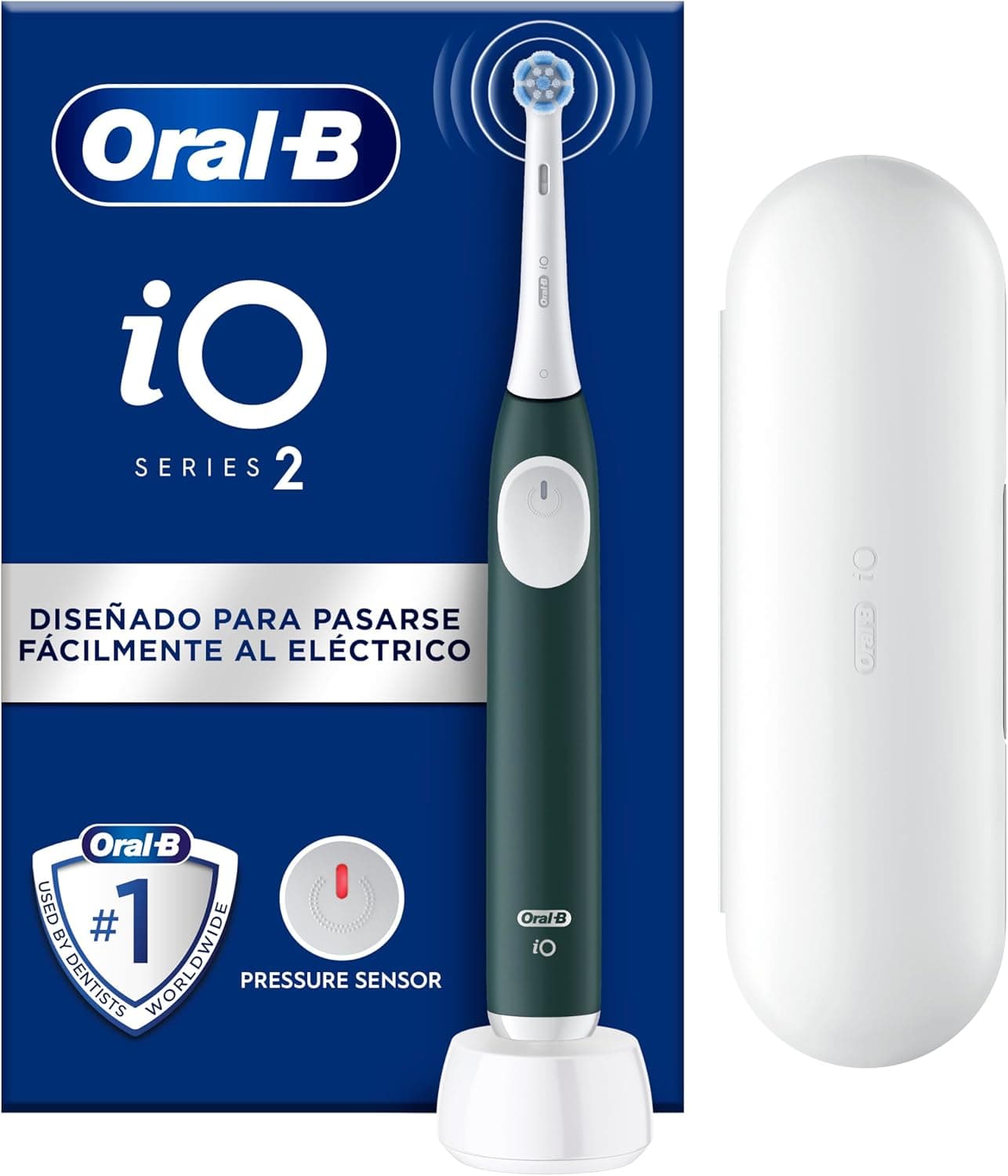 Oral-B iO 2 Escova de dentes elétrica verde floresta, 1 cabeça, 1 estojo de viagem, 1 suporte de substituições, 3 modos de escovagem, sensor de pressão e temporizador, desenhado por Braun