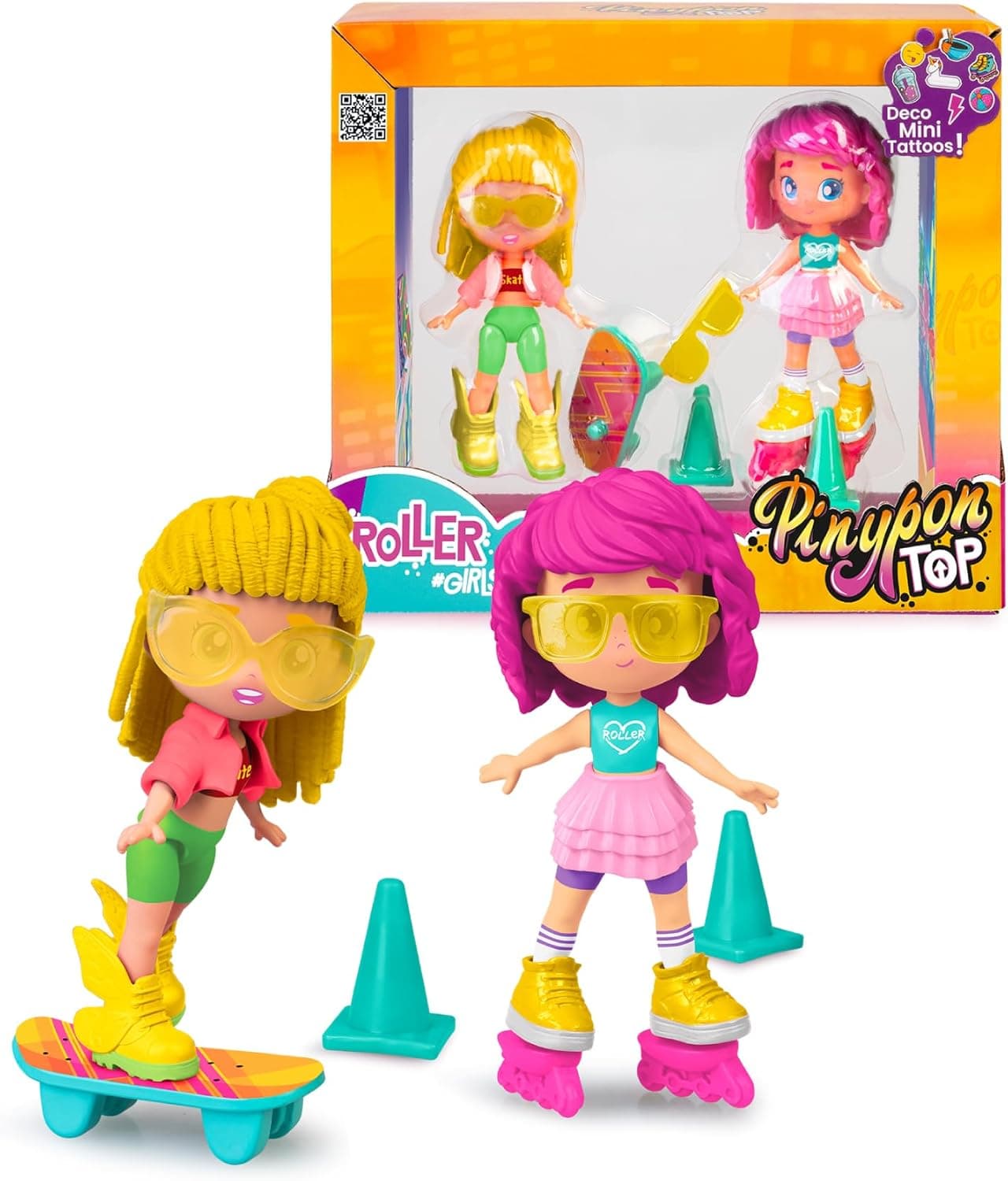 Pinypon TOP PNN04000 | Conjunto de 2 bonecas articuladas com patins e skate, roupas e acessórios para crianças