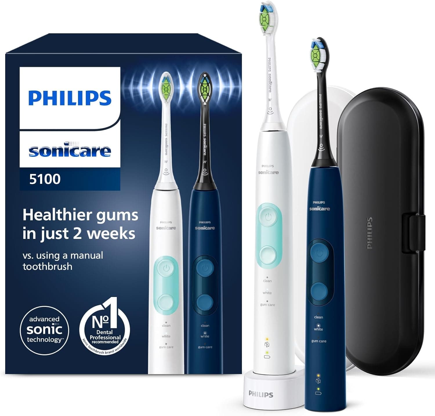 Philips Sonicare ProtectiveClean 5100 escova de dentes elétrica, escova de dentes sónica com 3 modos de escovagem, sensor de pressão, temporizador e estojo de viagem, branco e azul, embalagem dupla