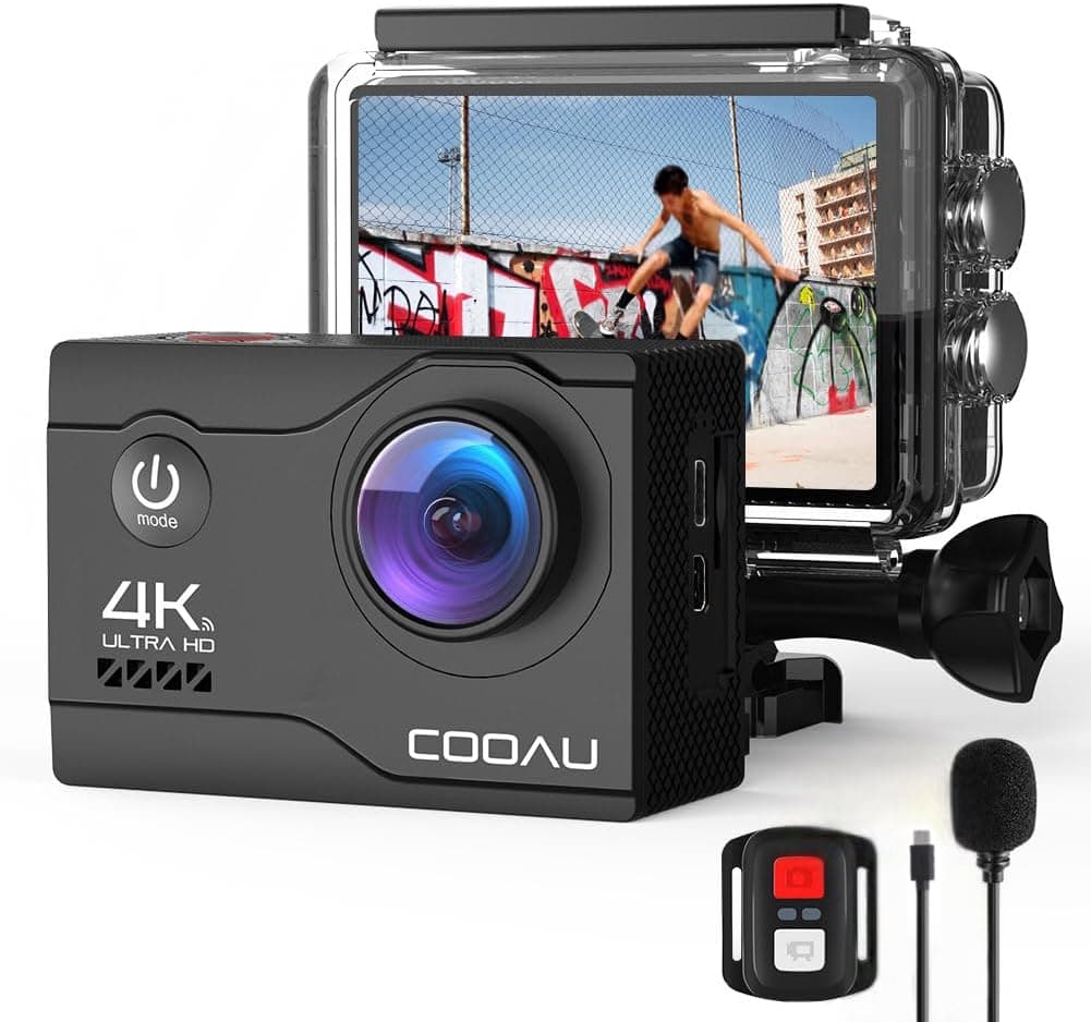 COOAU Câmara desportiva 4K, WiFi, 20 MP, câmara de ação submergível em até 40 m com controlo remoto e microfone externo, câmara aquática com 2 baterias de 1200 mAh e vários conjuntos para bicicleta e capacete de mergulho