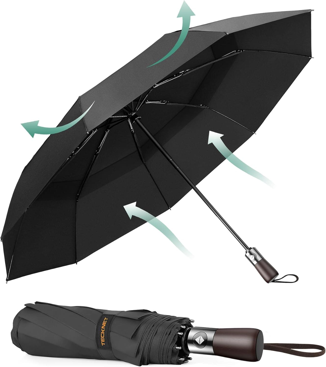 TECKNET Guarda-chuva dobrável, um guarda-chuva dobrável antivento com 9 varas resistentes e tecido impermeável 210T, este guarda-chuva automático é adequado tanto para dias ensolarados como chuvosos