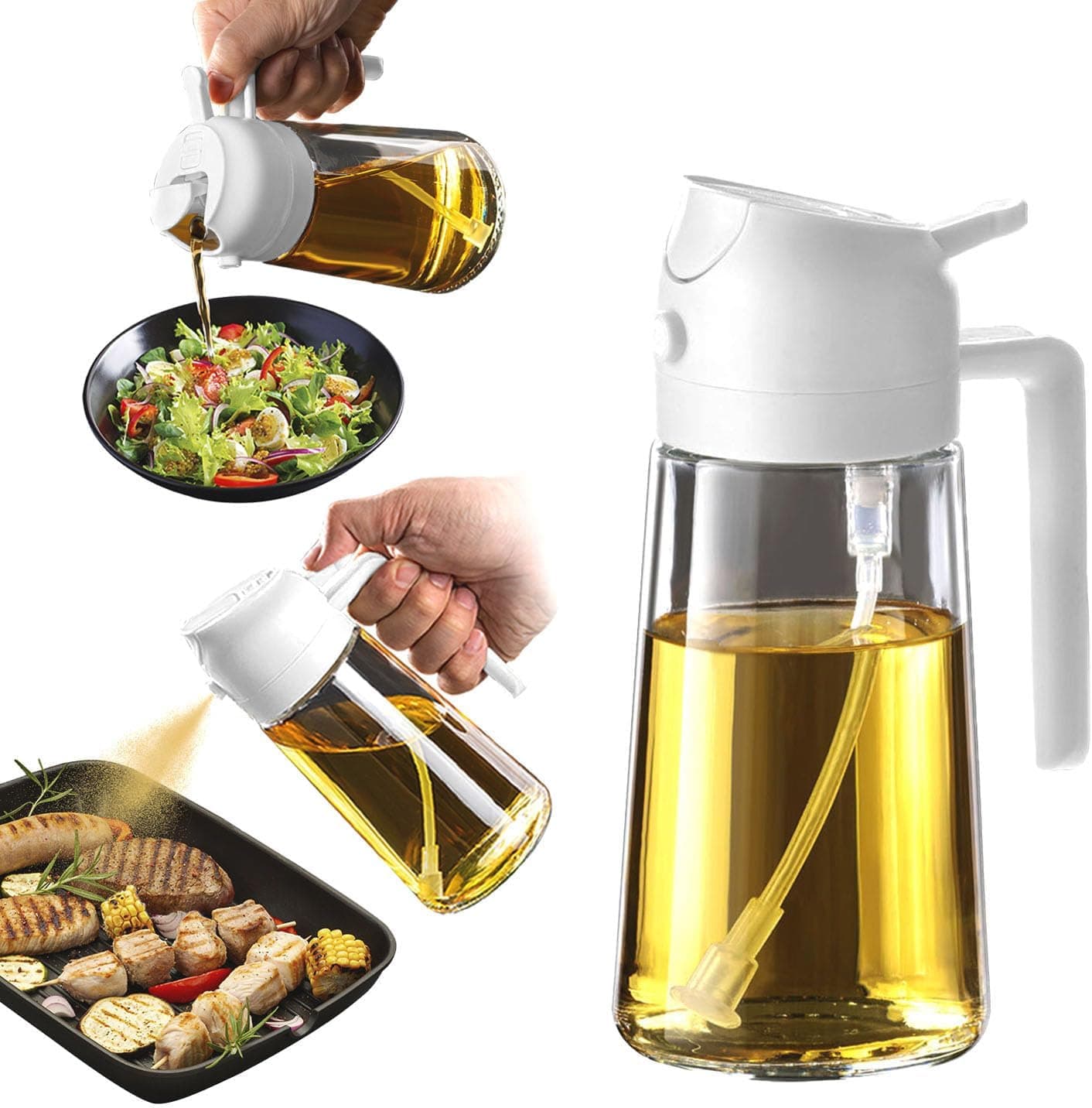 TrendPlain Pulverizador óleo em spray 470 ml, 2 em 1 spray óleo de cozinha, dispensador para fritadeira de ar, saladas, vinil e acessórios para cozinha, branco