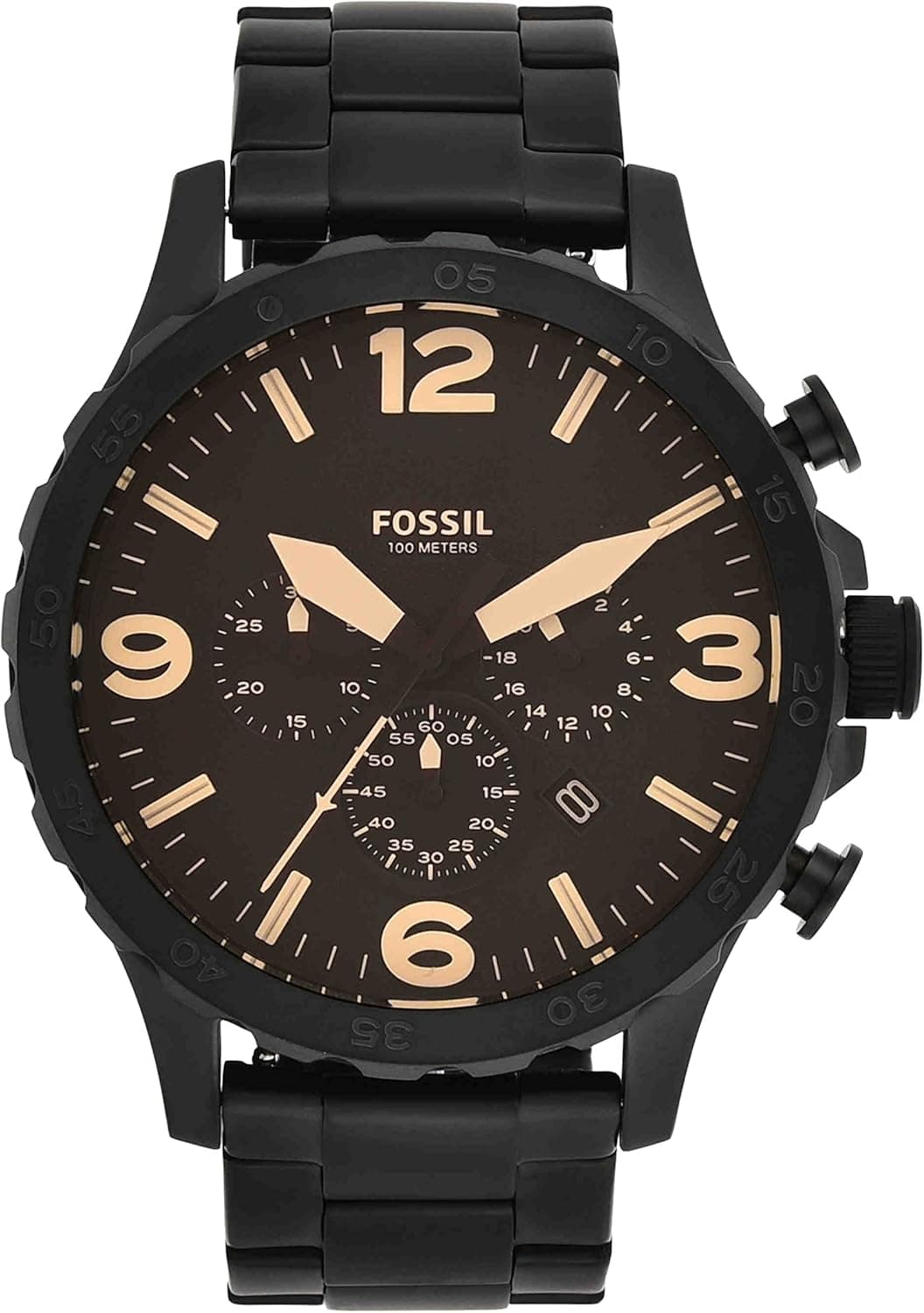 Fossil Relógio para homem Nate, movimento cronógrafo de quartzo, caixa de aço preto de 50 mm com pulseira de couro autêntica, JR1354