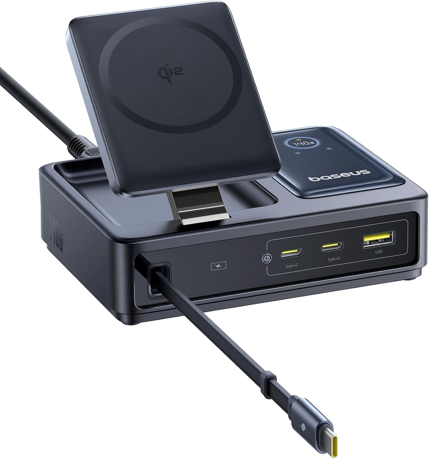 Baseus NOMOS 5 em 1 estação de carregamento, carregador USB-C de 140 W com carregador MagSafe Qi2.0 de 15 W, cabo retrátil tipo C, conectores 2 x USB-C e 1 x USB-A e ecrã digital