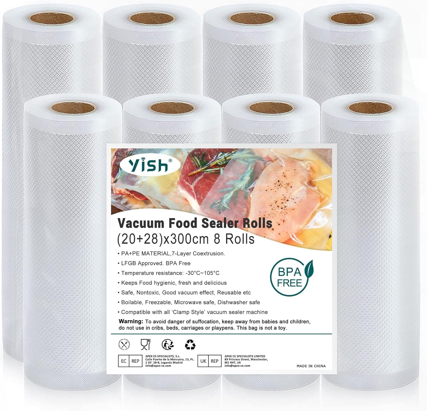 YISH Rolos de embalagem a vácuo sacos para embalar a vácuo alimentos: sacos vazios alimentos reutilizáveis sacos embalar a vácuo alimentos para alimentos sem BPA, 8 rolos 20/28 x 300 cm