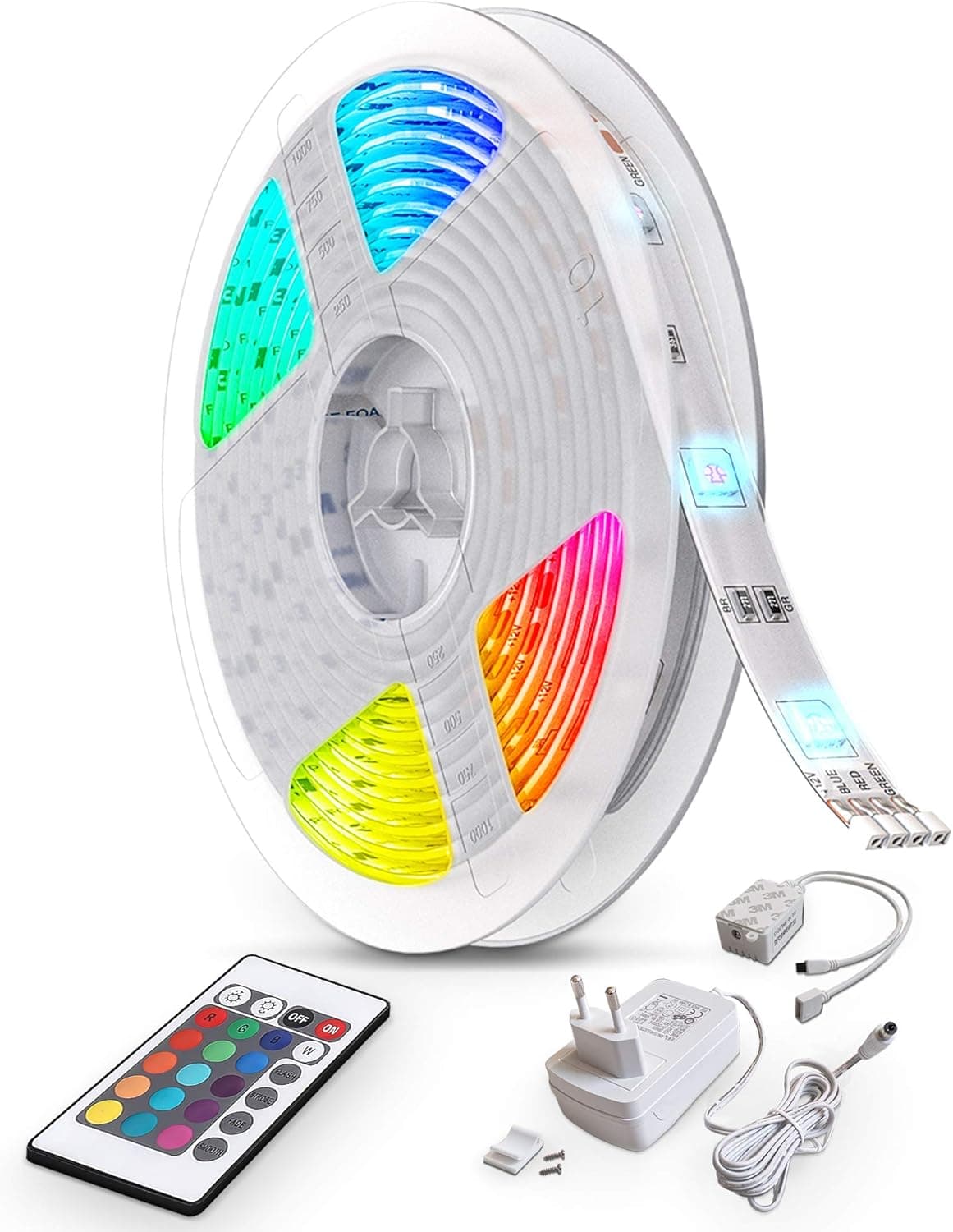 10 m Faixa LED autoadesiva, 16 RGB flexíveis multicoloridos, LED kit completo com controlo remoto, luz ambiente