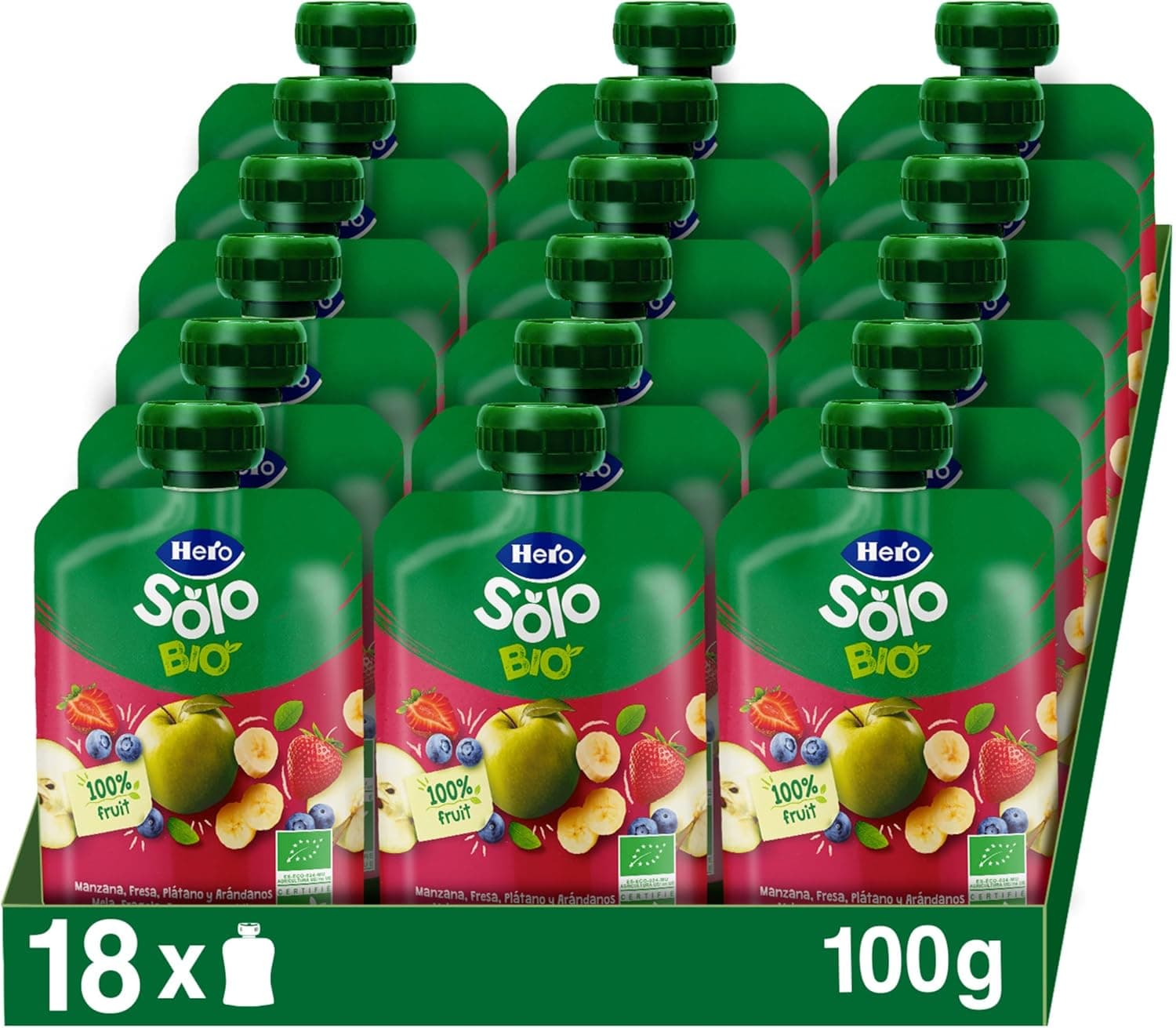 Hero Solo | Saquetas de fruta biológica com maçã, morango, banana e mirtilo sem aditivos pack de 18 x 100 g