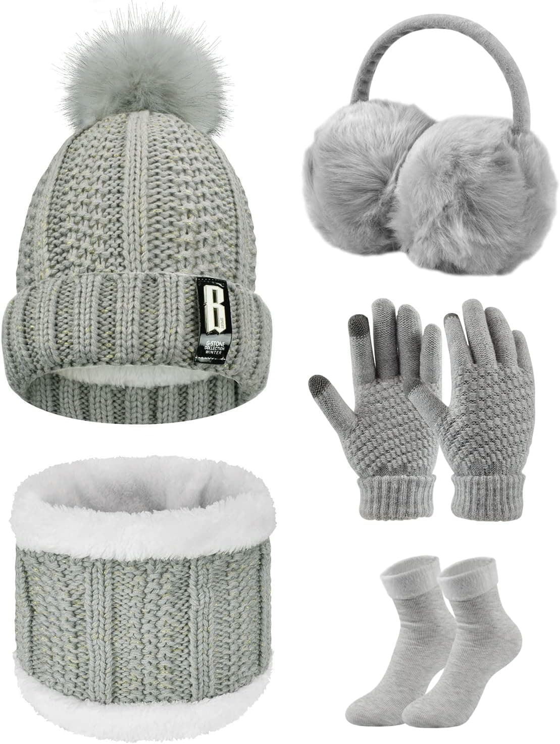 UMIPUBO Gorro cachecol de malha luvas inverno conjunto de cachecol e gorro conjunto de excursão esqui de inverno de mulheres 5 peças, gorro cachecol luvas de malha orelhas médias