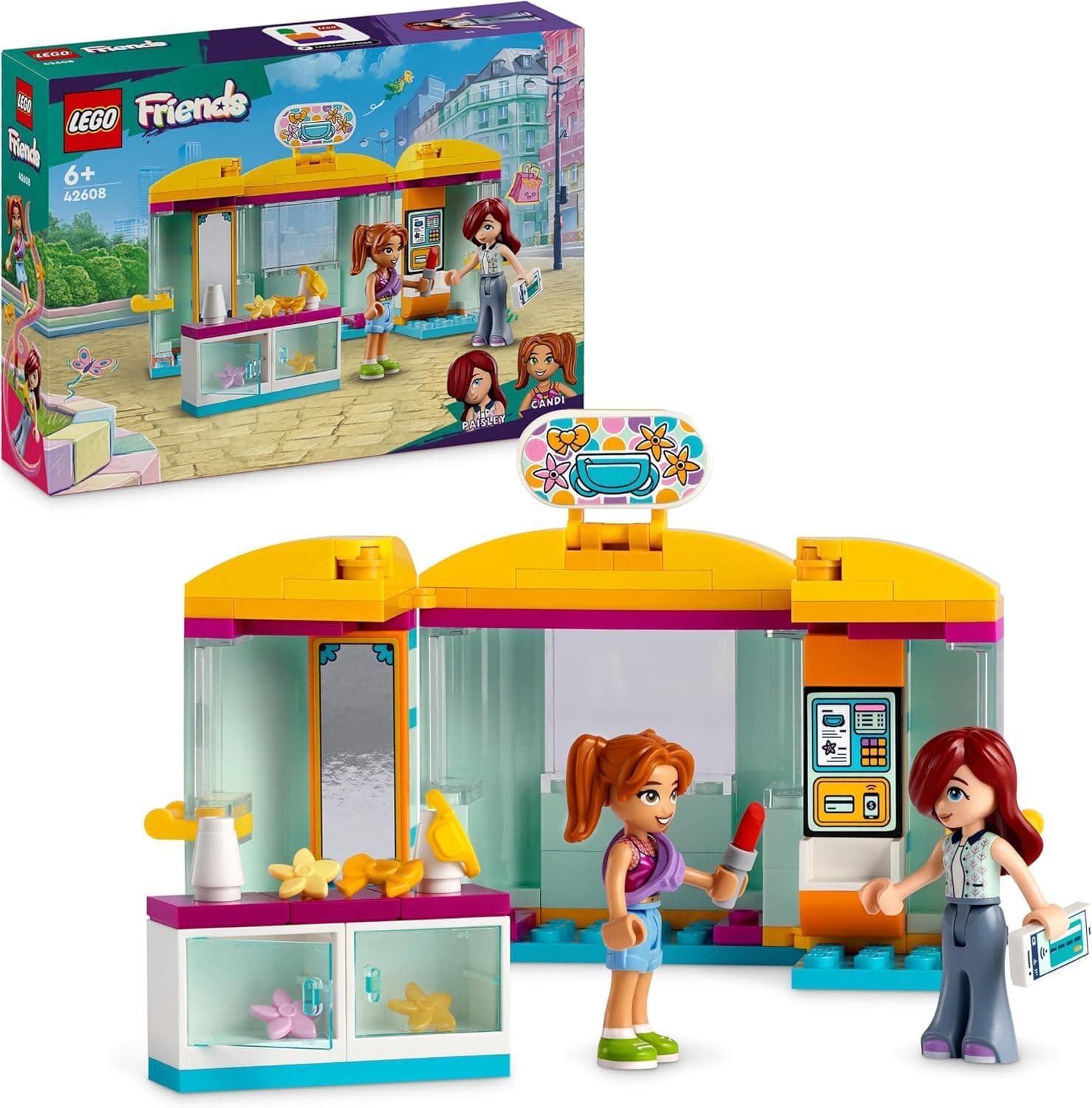 LEGO Friends Miniloja de acessórios, loja de beleza de brinquedos, conjunto de construção imaginativo com mini bonecas de personagem Paisley e Candi, presente para meninas e meninos de 6 anos ou mais