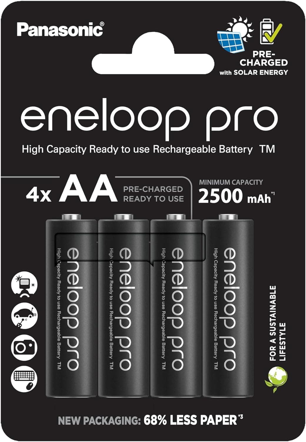 eneloop Pro, pilhas recarregáveis AA/Mignon, embalagem de 4, capacidade mínima. 2500 mAh, pilhas de Ni-MH, prontas a usar, recarregáveis até 500 vezes, embalagem sem plástico, Pro