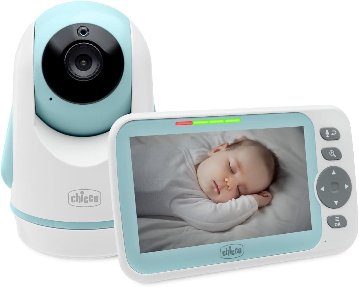 Chicco Câmara de vídeo Evolution, câmara giratória motorizada para bebés e crianças, com ecrã de cor 5, alcance de 220 m, visão noturna, termómetro, melodias de som brancas, microfone e altifalante