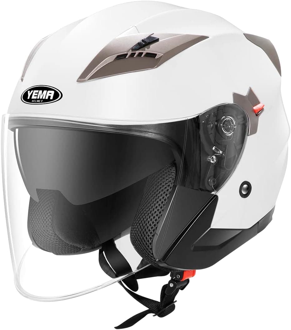 Capacete de motocicleta YEMA Jet aprovado pela ECE YM-627 capacete de scooter personalizado com rosto aberto para mulheres, homens e adultos com viseira dupla - Branco - M