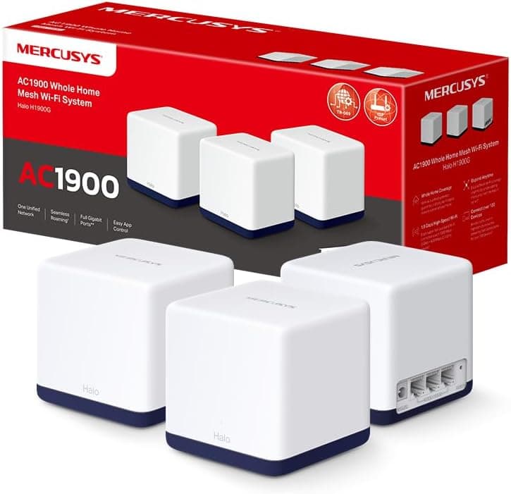 Mercusys HALO H1900G - AC1900 Mesh Wi-Fi, banda dupla, cobertura até 550 m², 3 × Gigabit porta por unidade, MU-MIMO, Beamforming, controlo parental, Smart Connect, 3-Pack
