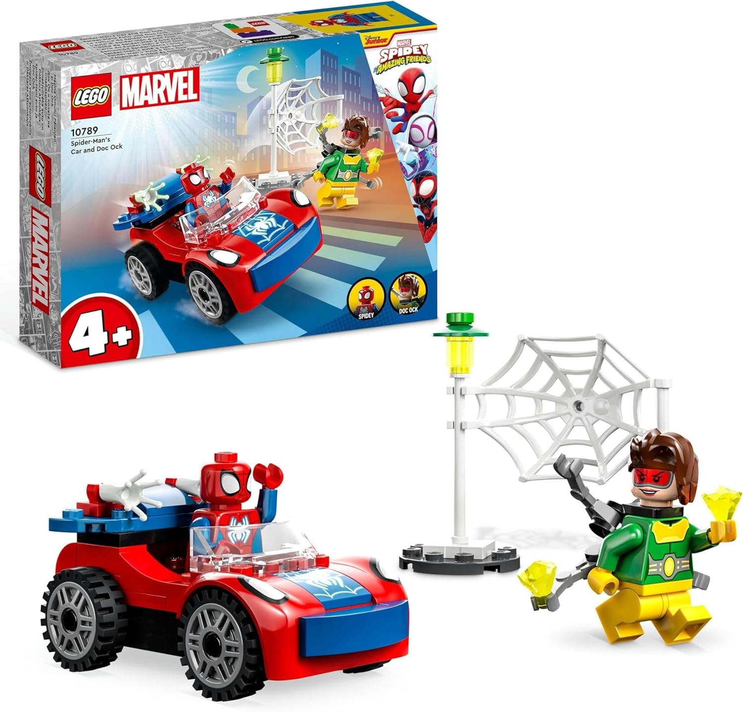 LEGO Marvel Carro do Spider-Man e Doc Ock, Spidey e seus amigos, brinquedo de construção para meninos e meninas de 4 anos ou mais, acessórios de teias de aranha e 2 mini figuras 10789