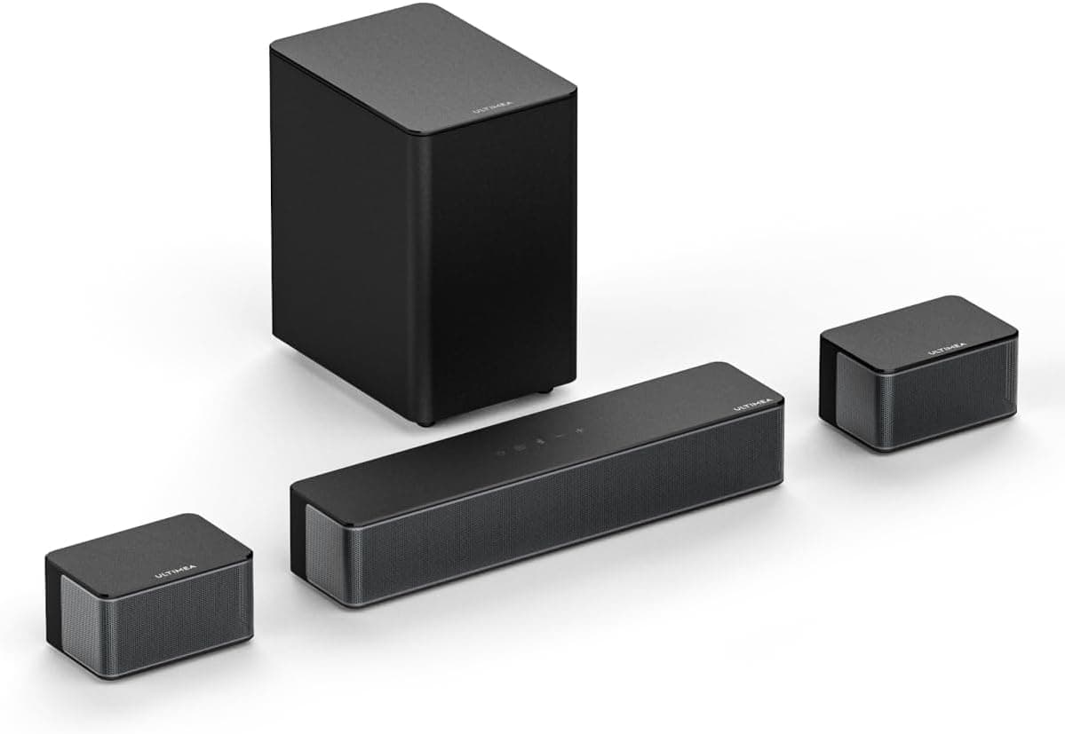 ULTIMEA Barra de som de 5,1 ch, Pot máximo de 320 W, barras de som com subwoofer, 2 colunas traseiras, sistema de cinema doméstico com baixos ajustáveis, BT 5.3/HDMI/AUX/USB, Poseidon D50