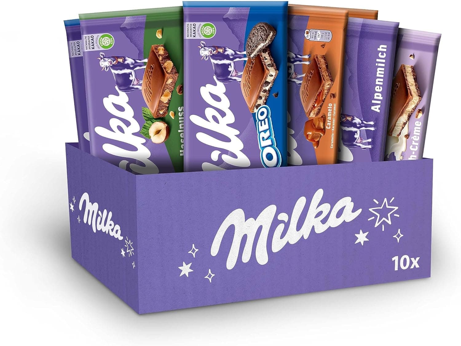 Caixa de chocolates Milka, variedade de 5 sabores, Oreo, com leite, doces, avelã em pedaço, creme com leite, 10 tabletes x 100 g