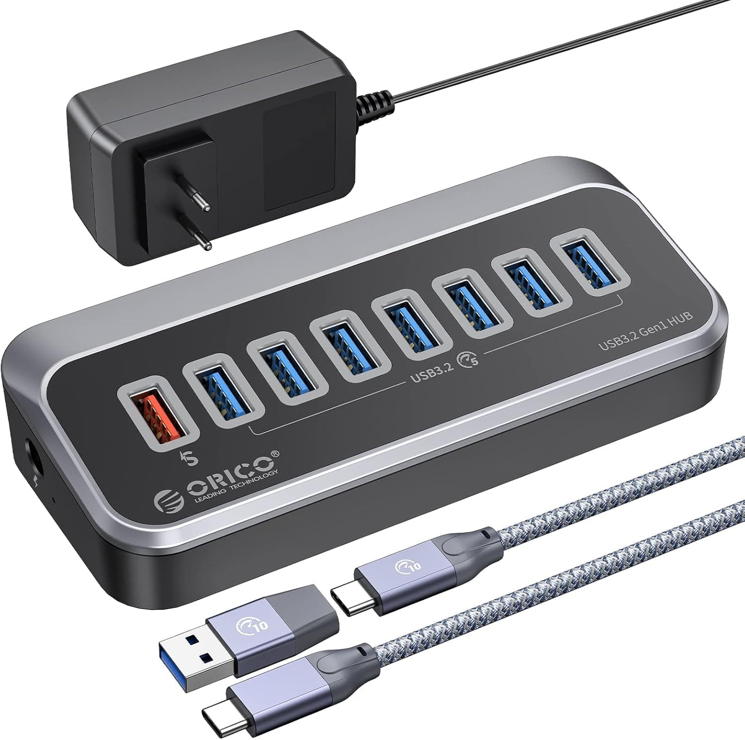 USB Hub, ORICO Adaptador USB de 7 portas de transferência de dados de alta velocidade e uma porta de carregamento inteligente, cabo USB C a C de 0,5 m e adaptador USB A, USB C Hub para MacBook, Mac
