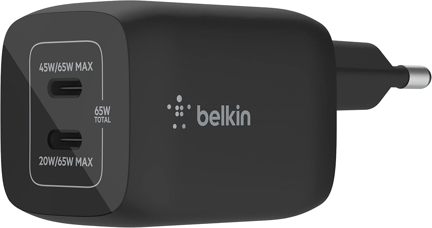 Belkin 65W Dual USB Type-C | Carregador de parede rápido com tecnologia GaN e Quick Charge 3.0 para smartphones e portáteis