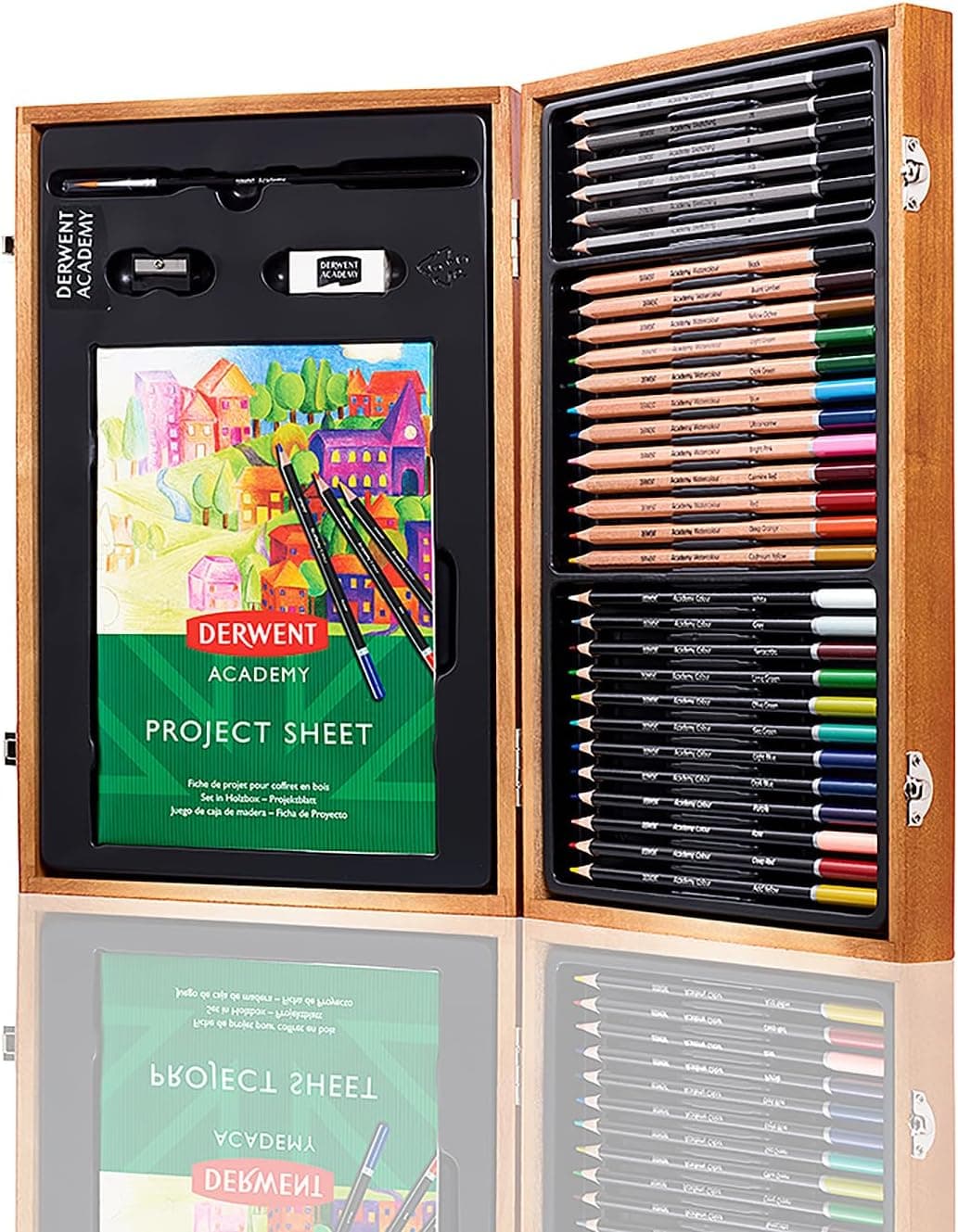Derwent Academy 2300147 | Conjunto de oferta em caixa de madeira com 30 lápis de cor, pastéis e acessórios para desenho e pintura
