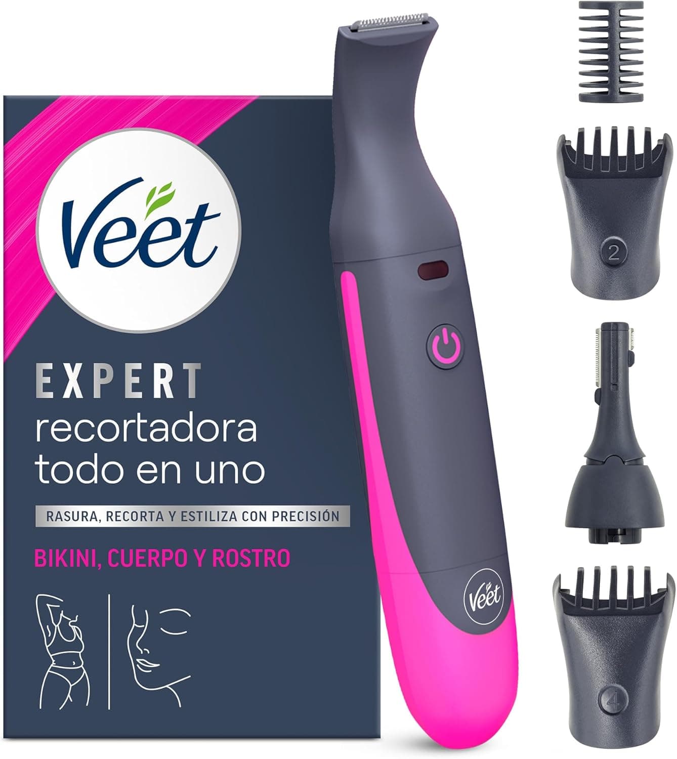 Veet Aparador tudo em um, biquíni e corpo completo, rosto e sobrancelhas, máquina de barbear para mulher, área anti-água, com 2 cabeças e 4 pentes para precisão, com carregador USB