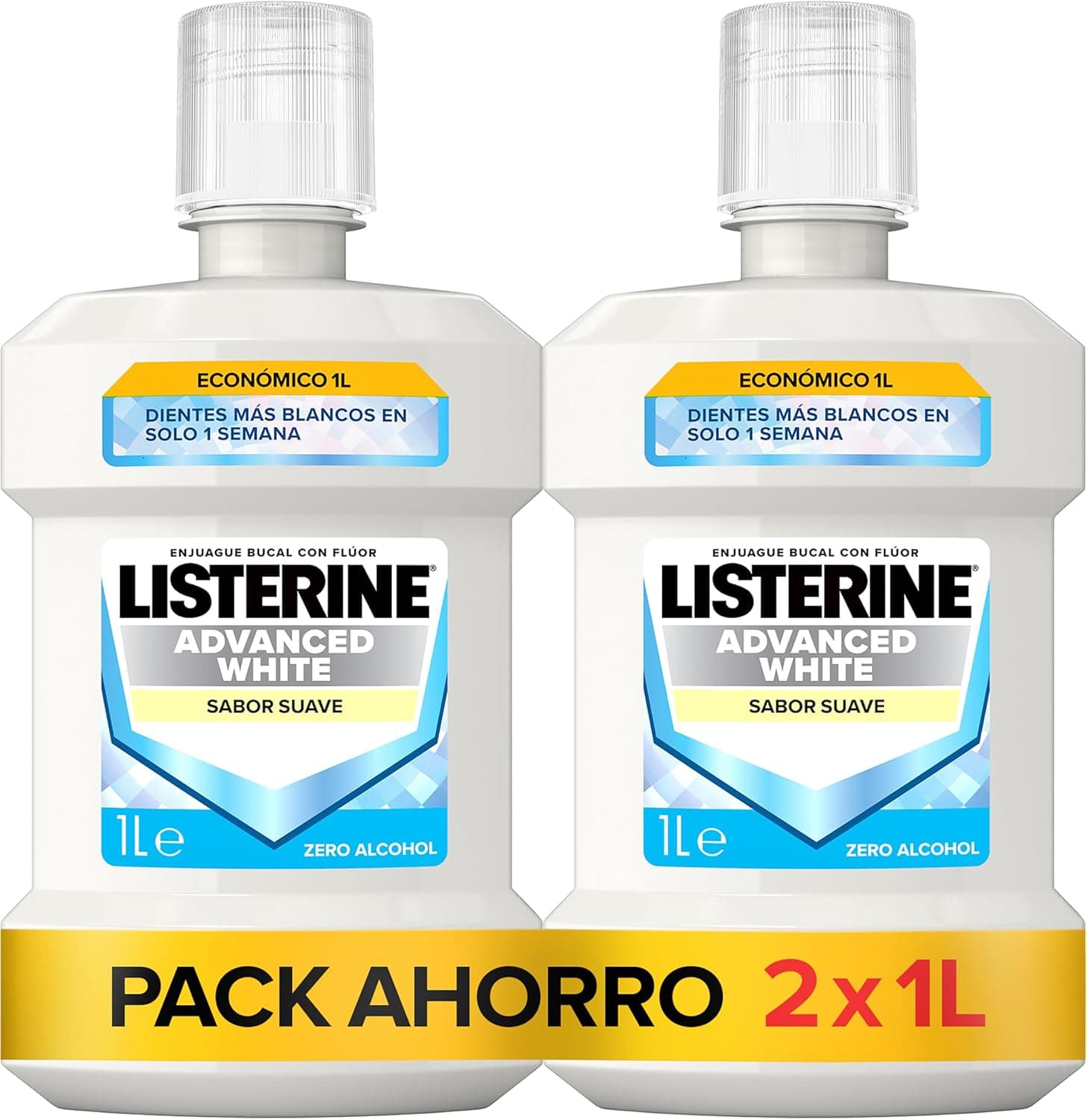 Listerine Elixir bucal, Advanced White Sabor Suave, pack de 2 x 1000 ml