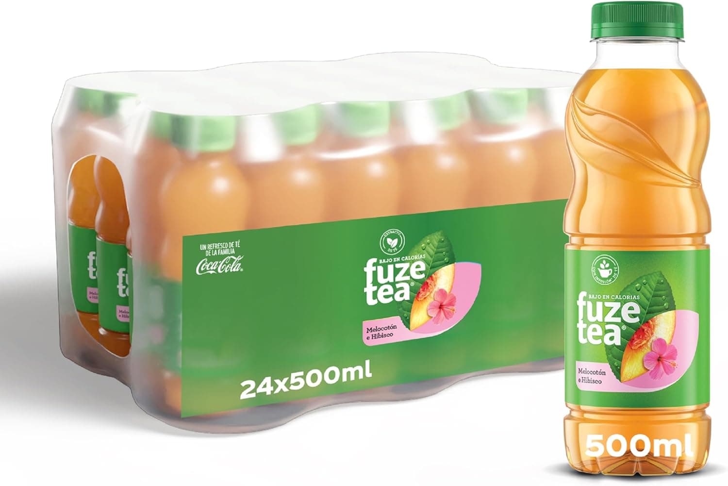 Fuze Tea Melocotón & Hibisco, Refresco de té sin gas, Botella de 500 ml, Pack de 24