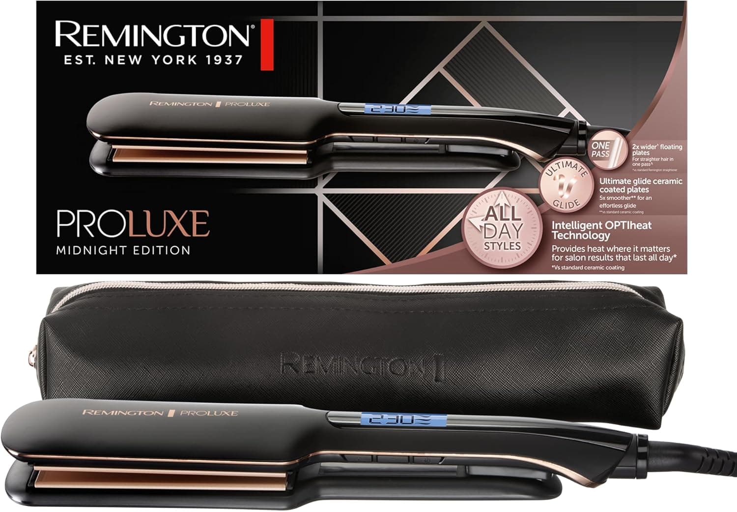 Remington Ferro de cabelo ProLuxe Midnight placas largas - Tecnologia OPTIHeat, placas flutuantes extra-longas, resultados profissionais, cerâmica, ajuste profissional, digital - S9150B, preto, placas