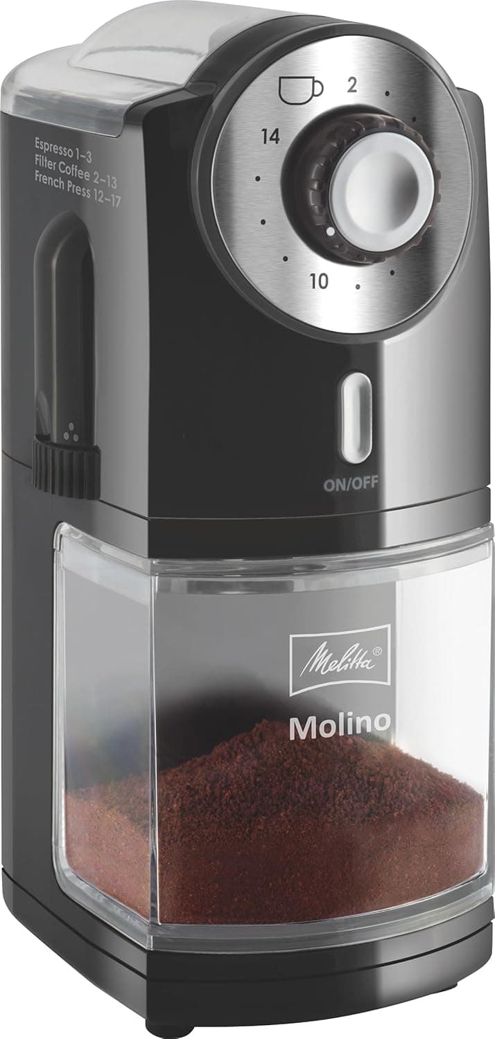 Melitta Moinho 1019-02 - Moedor de café elétrico com 17 configurações de moagem personalizáveis, adequado para diferentes cafeteiras, moedor de café com disco de aço e depósito para grãos, 200 g